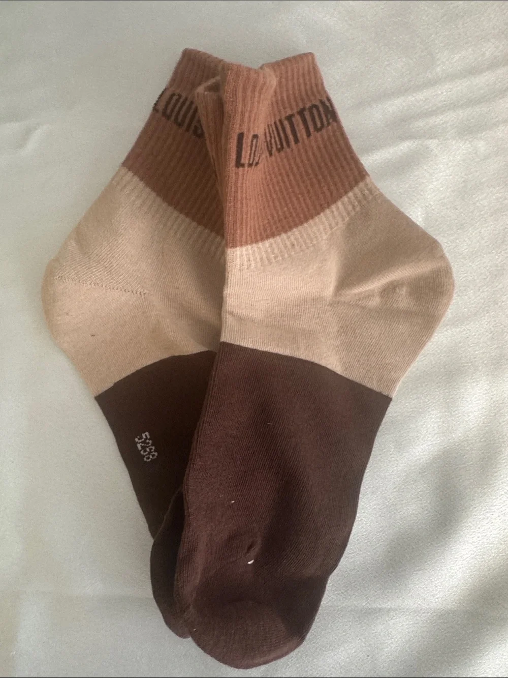 New! Louis Vuitton Brown, Beige & Dark Brown Colorblock Crew Socks